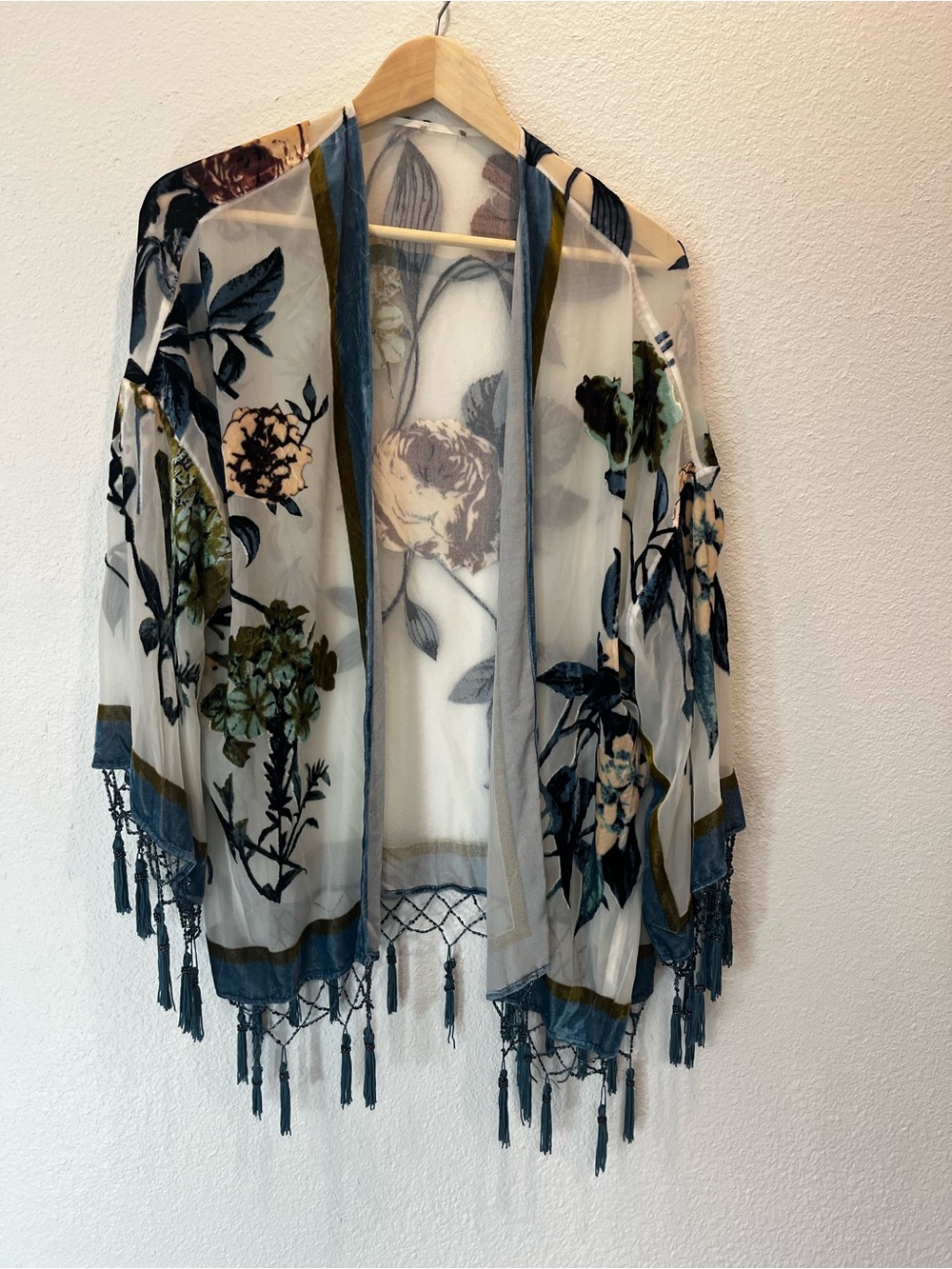 Sheer Floral Tassel Kimono Cardigan in Ivory and Teal